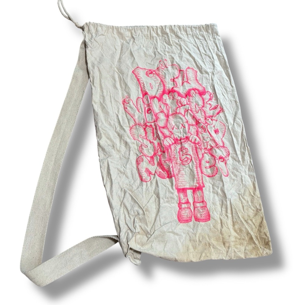 KAWS Unisex Canvas Shoulder Bag Beige‎ Pink 13.5 x 22.5